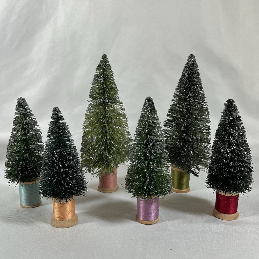 Collection of 6 Vintage Mini Bottle Brush Christmas Trees on Wooden Thread Spool
